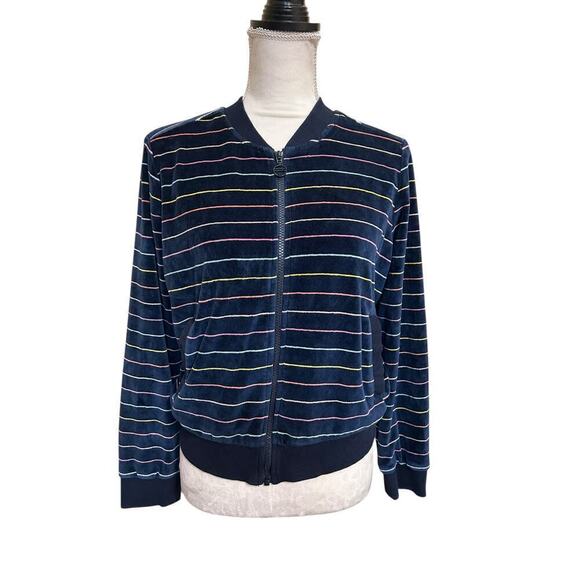 Marine Layer Navy Rainbow Striped Velour Auckland Full Zip Bomber Jacket - S - Picture 2 of 11